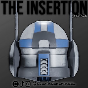 May include: A 3D printed model of a white and blue helmet with a gray visor and two antennas. The helmet has a weathered look and the text "STL FILE" is in the upper right corner of the image.