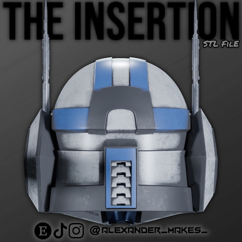 May include: A 3D printed model of a white and blue helmet with a gray visor and two antennas. The helmet has a weathered look and the text "STL FILE" is in the upper right corner of the image.