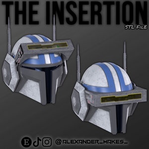 May include: Two 3D printed helmets with a white and blue color scheme. The helmets have a futuristic design with a visor and multiple antennas. The text "THE INSERTION STL FILE" is displayed at the top of the image.