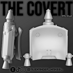 May include: A 3D-rendered model of a futuristic device, possibly a jetpack or similar equipment, in a light gray color. The design features a central body with rounded and angular components, including a cone-shaped top and cylindrical supports. The text "THE COVERT" and "STL FILE" are visible.