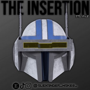 May include: A white and blue helmet with a yellow visor and a weathered, distressed look. The helmet has two antennas on top and a textured surface. The text "THE INSERTION STL FILE" is at the top of the image.