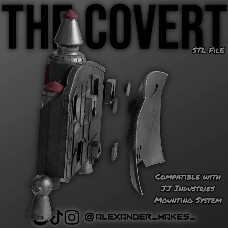 May include: A grayscale image of a 3D-printed model labeled "THE COVERT STL FILE." The model is a complex, multi-part design with a futuristic aesthetic. Text at the bottom reads "COMPATIBLE WITH JJ INDUSTRIES MOUNTING SYSTEM."