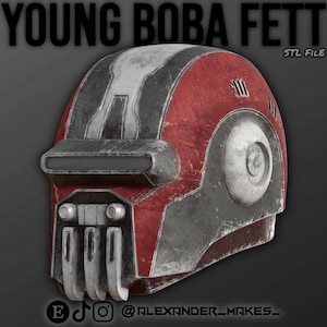 Può includere: Un casco Young Boba Fett rosso, grigio e nero. Il casco ha un aspetto usurato con la scritta "YOUNG BOBA FETT" in alto. Sono visibili anche le parole "STL FILE". L'handle dei social media del creatore è in basso.