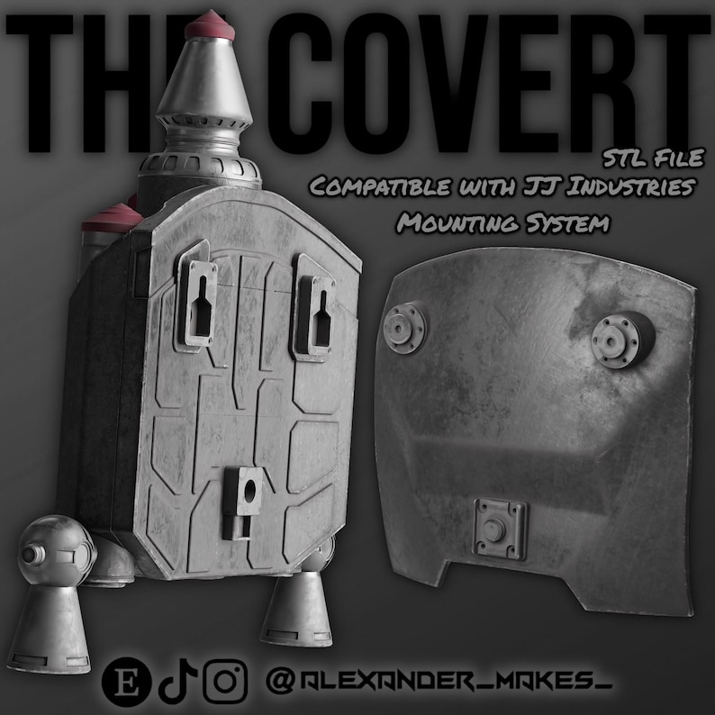May include: A gray, 3D-printed model of a futuristic jetpack with red accents. The text "THE COVERT" is at the top, with "STL FILE" and "COMPATIBLE WITH JJ INDUSTRIES MOUNTING SYSTEM" below. Social media handles are at the bottom.