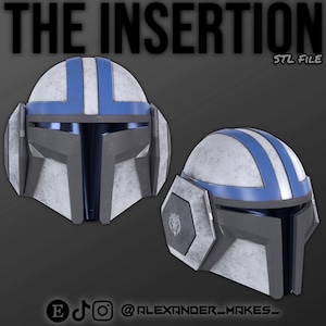 May include: Two 3D printed helmets with a white and blue color scheme. The helmets have a textured surface and a visor. The text "THE INSERTION STL FILE" is visible at the top of the image.
