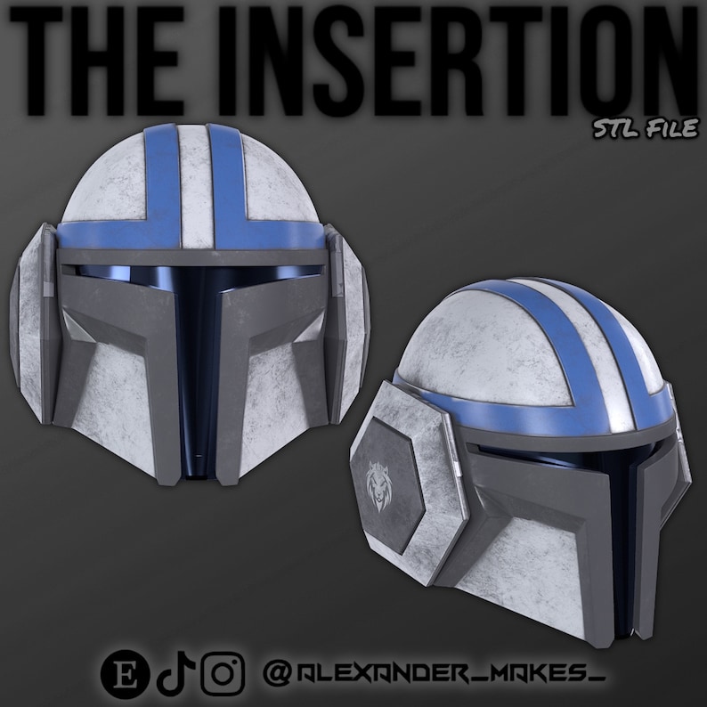 May include: Two 3D printed helmets with a white and blue color scheme. The helmets have a textured surface and a visor. The text "THE INSERTION STL FILE" is visible at the top of the image.