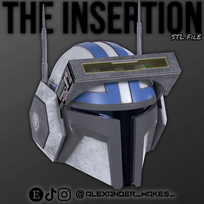 May include: A white and blue helmet with a gray visor and a black and gray face mask. The helmet has a gray and black panel on the side with a stylized lion logo. The helmet has a gray and black panel on the top with a rectangular window. The text "THE INSERTION STL FILE" is visible at the top of the image.