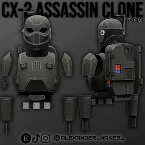 Puede incluir: Una representación digital de un casco y conjunto de armadura CX-2 Assassin Clone. Las piezas de color verde oscuro y negro se muestran desmontadas, mostrando el casco, la placa del pecho, las hombreras y otros componentes. El texto "CX-2 ASSASSIN CLONE" está en la parte superior.