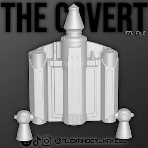 May include: A 3D-rendered model of a spacecraft jetpack, in a light gray color. The jetpack has a central body with two side tanks and two lower thrusters. The text "THE COVERT" is at the top, with "STL FILE" to the right. Social media handles are at the bottom.