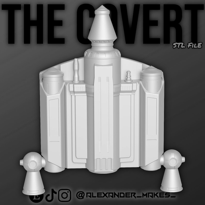 May include: A 3D-rendered model of a spacecraft jetpack, in a light gray color. The jetpack has a central body with two side tanks and two lower thrusters. The text "THE COVERT" is at the top, with "STL FILE" to the right. Social media handles are at the bottom.