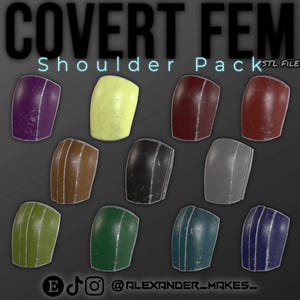 May include: A set of 10 different coloured shoulder pads for 3D printing. The pads are all in a similar style, with a rounded shape and a textured surface. The colours include purple, yellow, brown, black, grey, green, blue, and red.