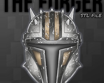 May include: A 3D printed model of a Mandalorian helmet, with a weathered, distressed finish. The helmet is gray with brown accents and features a visor and horns. The text "THE FORGER STL FILE" is visible at the top of the image.