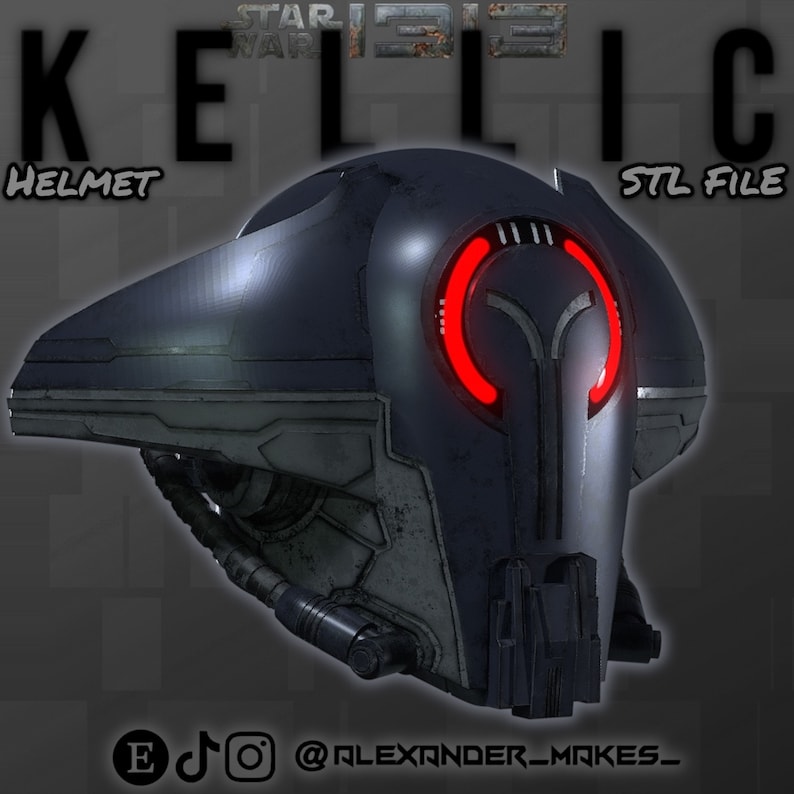 Pu&ograve; includere: Un casco grigio scuro con un anello rosso attorno alla parte anteriore. Il casco ha una superficie testurizzata e un piccolo oggetto cilindrico nero attaccato al lato. Il testo "KELLIC" &egrave; nella parte superiore dell'immagine, e il testo "HELMET" &egrave; in basso a sinistra. Il testo "STL FILE" &egrave; in basso a destra.