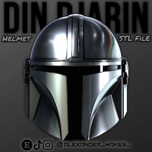 May include: A silver Mandalorian helmet with a black visor. The helmet is a 3D printed STL file. The text "DIN DJARIN HELMET STL FILE" is at the top of the image.