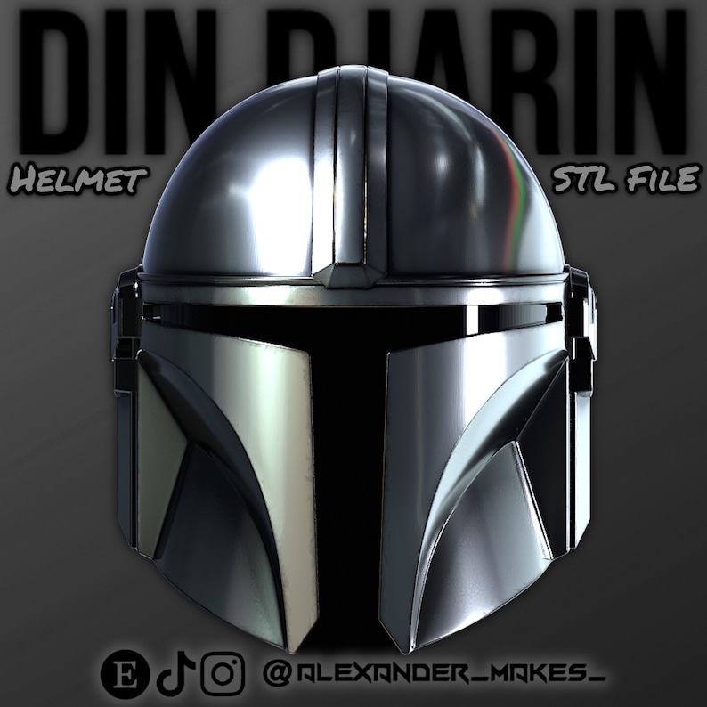 May include: A silver Mandalorian helmet with a black visor. The helmet is a 3D printed STL file. The text "DIN DJARIN HELMET STL FILE" is at the top of the image.
