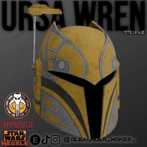 May include: A yellow and gray helmet with the text "URSA WREN" and "STL FILE". The helmet has a visor and a vertical antenna. The design includes gray geometric patterns. The image also features the "STAR WARS REBELS" logo and the text "APPROVED".