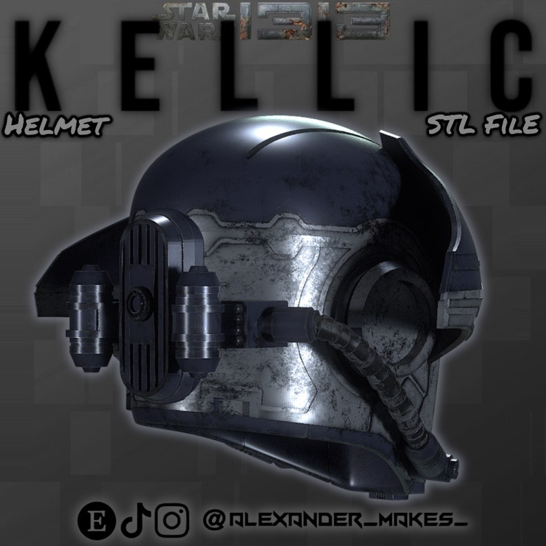 Pu&ograve; includere: Un modello di casco stampato in 3D in blu e argento con una superficie testurizzata. Il casco ha una visiera e un'antenna laterale. Il testo "KELLIC HELMET STL FILE" &egrave; visibile nell'immagine.