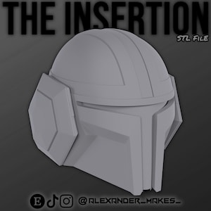 May include: A 3D printed model of a helmet with a gray finish. The helmet has a rounded top and a visor. The helmet is labeled "THE INSERTION STL FILE".