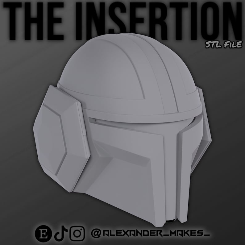 May include: A 3D printed model of a helmet with a gray finish. The helmet has a rounded top and a visor. The helmet is labeled "THE INSERTION STL FILE".