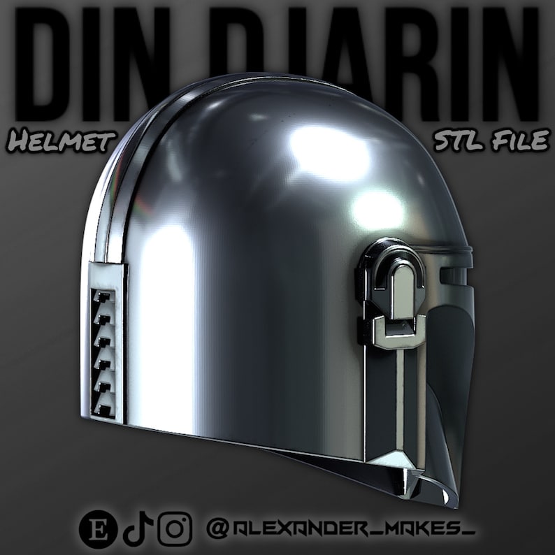 May include: A silver 3D printed helmet with a visor and a textured design. The helmet is labeled "Din Djarin Helmet STL File".