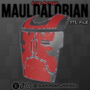 May include: A red and grey 3D printed model of a Mauldalorian chest plate. The model is designed to look like a piece of armour from the Star Wars universe. The STL file is available for download. LIVE ACTION STL FILE