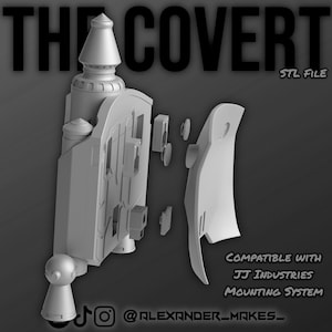 May include: A gray 3D-rendered model of a device, with multiple detached components. The text "THE COVERT" and "STL FILE" are visible. Additional text indicates compatibility with JJ Industries mounting system. The design includes architectural elements.