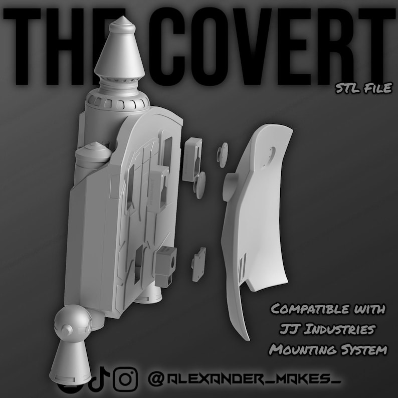 May include: A gray 3D-rendered model of a device, with multiple detached components. The text "THE COVERT" and "STL FILE" are visible. Additional text indicates compatibility with JJ Industries mounting system. The design includes architectural elements.