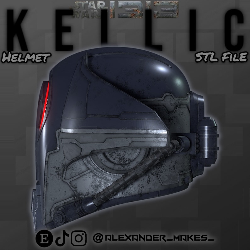Pu&ograve; includere: Un casco blu scuro e argento con una luce rossa sul lato. Il casco ha una superficie testurizzata e un design dettagliato. Il testo "Helmet" e "STL File" &egrave; visibile nell'immagine.