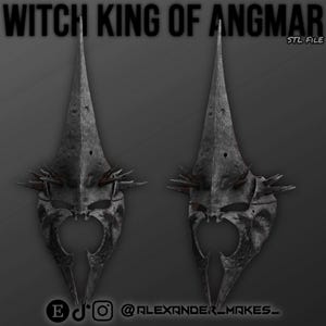 Può includere: Un modello stampato in 3D dell'elmo del Re Stregone di Angmar dal Signore degli Anelli. L'elmo è realizzato in un materiale grigio scuro e ha una corona appuntita e affilata. L'elmo ha una maschera facciale con un naso appuntito e una piccola apertura per gli occhi. L'elmo è un file STL.