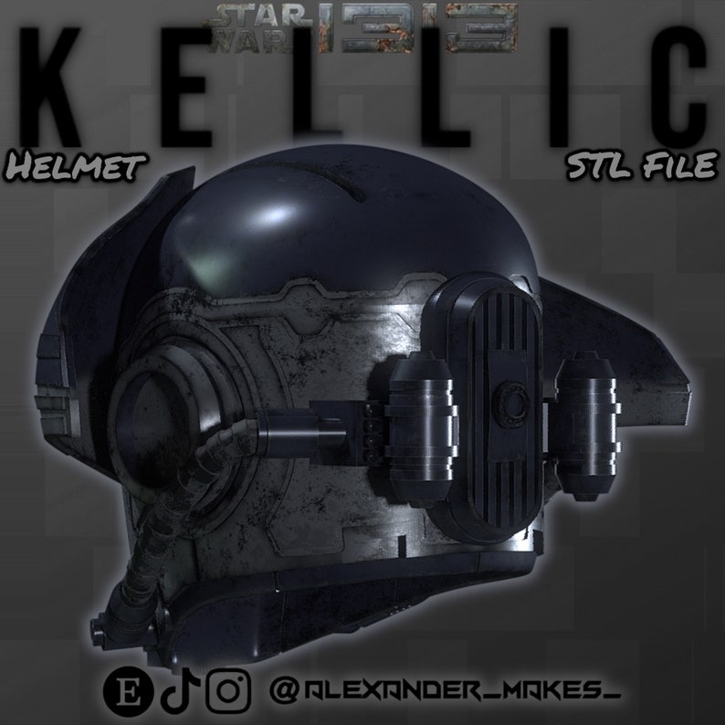 Pu&ograve; includere: Un modello di casco stampato in 3D, progettato per assomigliare a un casco futuristico. Il casco &egrave; blu scuro e grigio con un aspetto consumato e rovinato. Il casco ha una visiera grande e una variet&agrave; di dettagli, tra cui una piccola antenna e un paio di attacchi laterali. Il casco &egrave; etichettato "Helmet" e "STL File".