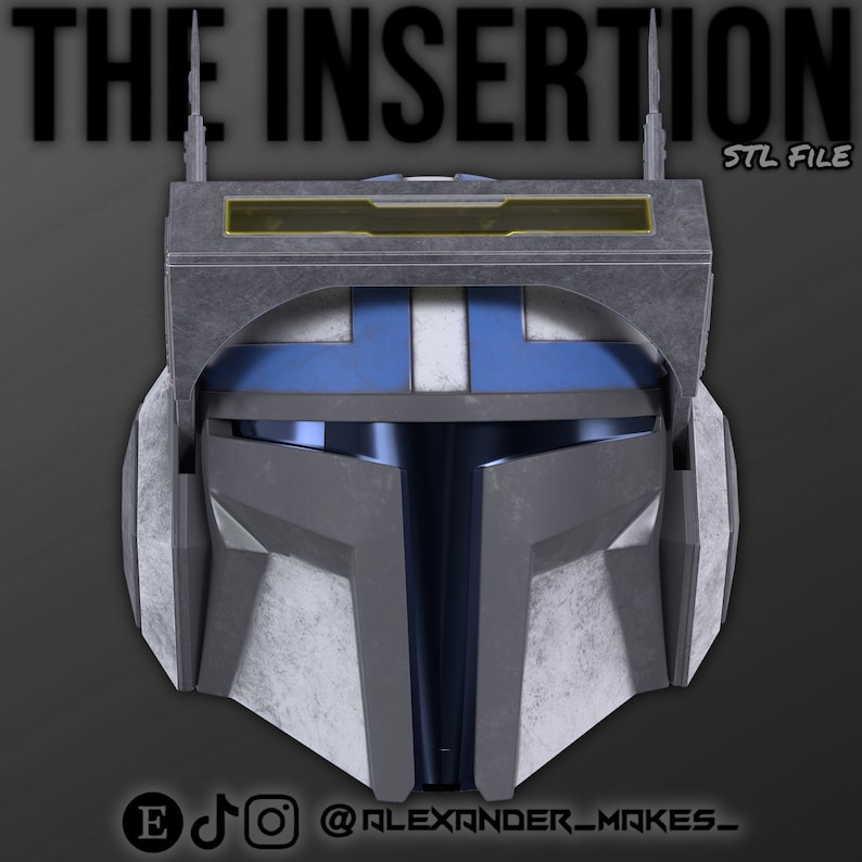May include: A 3D printed helmet with a blue and gray color scheme. The helmet has a visor and a rectangular panel on the top. The text "THE INSERTION STL FILE" is visible at the top of the image.