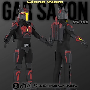 Puede incluir: Un modelo impreso en 3D de un personaje de Star Wars Clone Wars, Gar Saxon, con armadura negra y roja y un casco amarillo. El modelo está en dos poses diferentes, una con la espalda del personaje hacia el espectador y la otra con el personaje mirando al espectador. El modelo está etiquetado como "STL File" en la esquina superior derecha de la imagen.