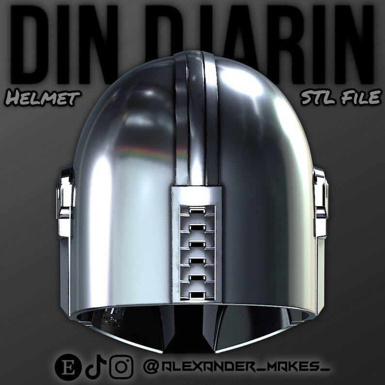May include: A silver-colored helmet with a textured surface and a series of vertical lines on the back. The helmet is labeled "Din Djarin Helmet STL File".