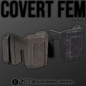 Könnte beinhalten: Zwei 3D-gedruckte, graue, geometrische Formen aus Kunststoff mit einer rauen, strukturierten Oberfläche. Die Formen sind im Design ähnlich, unterscheiden sich aber in der Größe. Das Bild enthält den Text "COVERT FEM STL FILE".