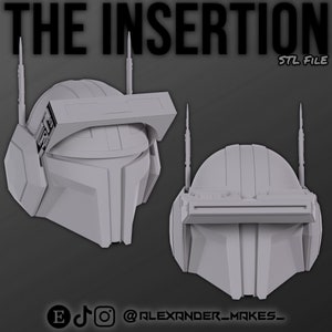 May include: A 3D printed model of a helmet with a visor and a large, rounded top. The helmet is gray and has a textured surface. The helmet is shown from two different angles. The text "THE INSERTION STL FILE" is visible at the top of the image.