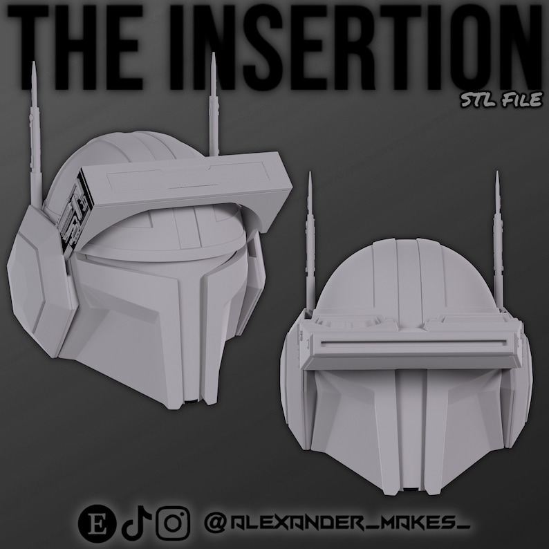 May include: A 3D printed model of a helmet with a visor and a large, rounded top. The helmet is gray and has a textured surface. The helmet is shown from two different angles. The text "THE INSERTION STL FILE" is visible at the top of the image.