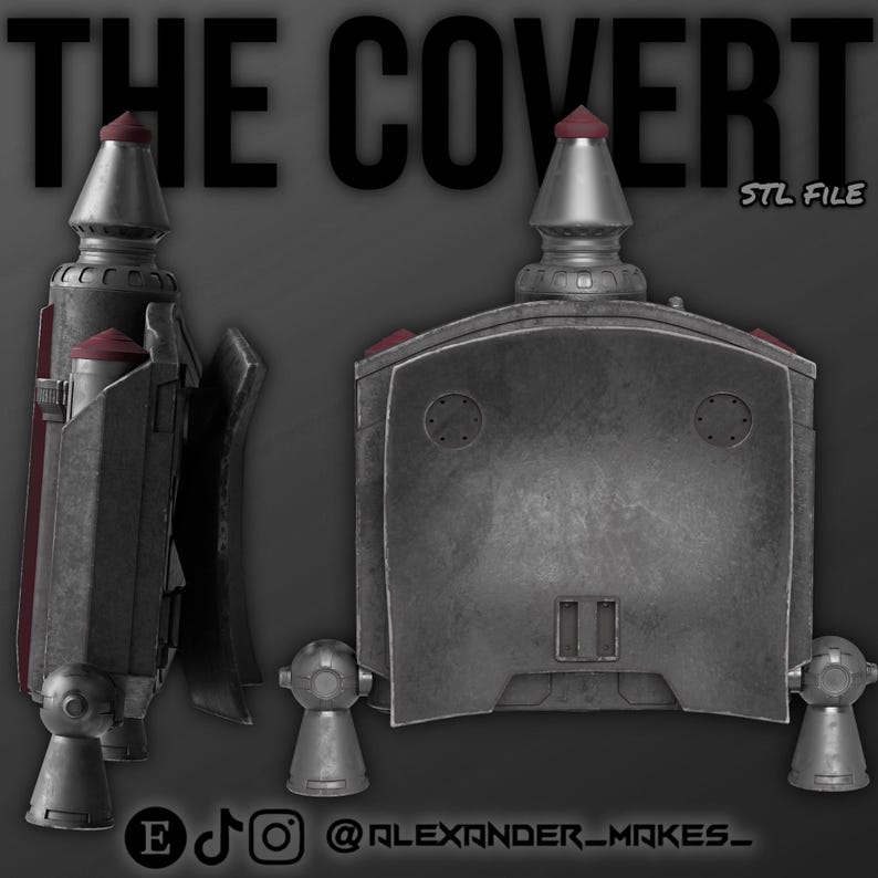 May include: A 3D-rendered model of a metallic jetpack, featuring a weathered gray finish with red accents. The design includes a central body with two side components and two lower thrusters. The text "THE COVERT" and "STL FILE" are visible.