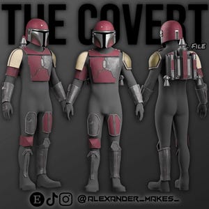 Könnte beinhalten: Ein vollständiges Mandalorianer-Kostüm in drei Ansichten. Das Kostüm hat einen burgunderfarbenen Helm, Brustplatte und Knieschützer mit silbernen und goldenen Akzenten. Der Anzug ist grau mit silbernen Panzerhandschuhen und Stiefeln. Der Text "THE COVERT FILE" steht oben.