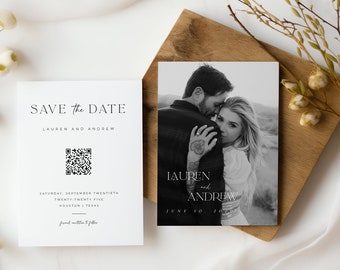 Double Sided Photo Save the Date Invitation, Minimalist, Black and White Save the Date Inspo, Boho Save the Date, QR Code, Editable Template