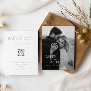 Minimalistische foto-save the date-uitnodiging: zwart-wit, QR-code (bewerkbare sjabloon)