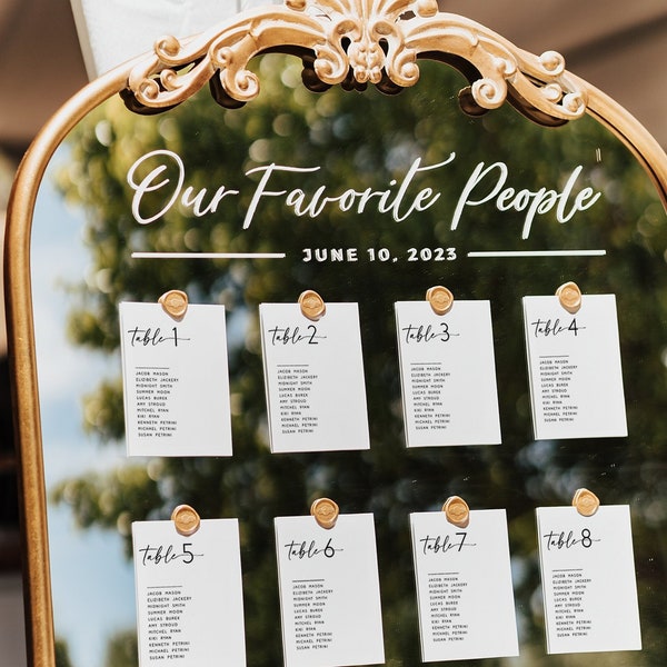 Minimalist Wedding Mirror Seating Cards Chart Template, Modern Minimal Wedding Table Seating Card Template, Find Your Seat, 5x7 Cards