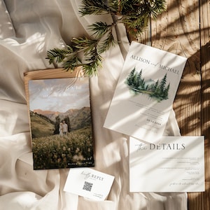 Faire-part de mariage Woods et réservez une date, RSVP, ensemble de modèles de détails | Ensemble de modèles de mariage nature montagnes | Réservez votre date pour mariage Forrest