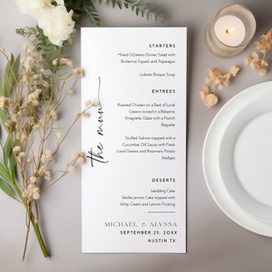 Plantilla de menú de boda moderna, tarjeta de menú de boda, nota de servilleta, editar con TEMPLETT, tarjeta de menú de boda mínima, imprimible