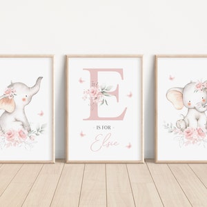 Set of 3 Personalised Pink Floral Elephant Nursery Prints - Name Print - Girls bedroom decor - New Baby Gift - Baby Girl Nursery