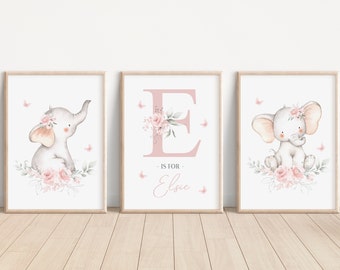 Set of 3 Personalised Pink Floral Elephant Nursery Prints - Name Print - Girls bedroom decor - New Baby Gift - Baby Girl Nursery