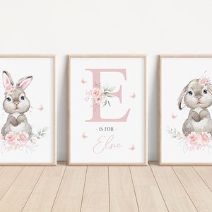 Set of 3 Personalised Pink Floral Bunny Rabbit Nursery Prints - Name Print - Girls bedroom decor - New Baby Gift - Baby Girl Nursery