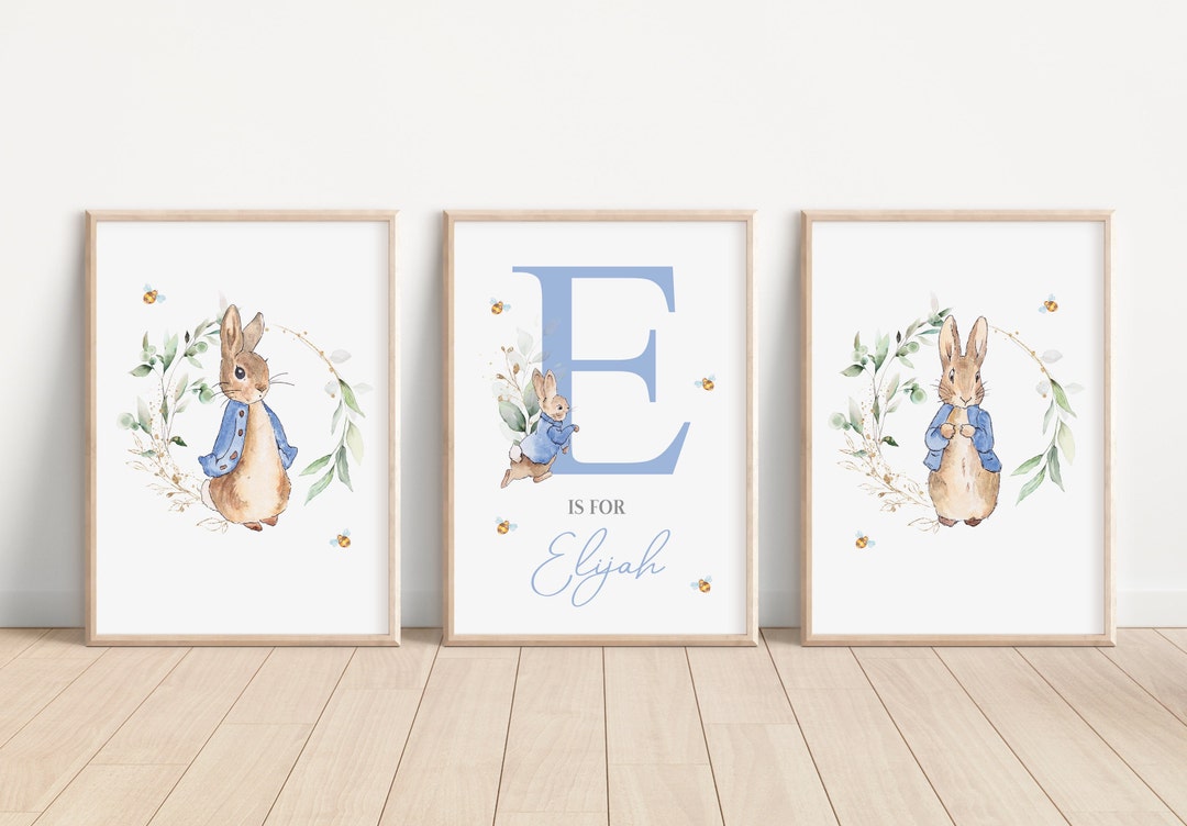 Set of 3 Personalised Blue Peter Rabbit Nursery Prints - Name Print ...