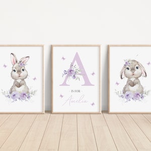Set of 3 Personalised Lilac Floral Bunny Rabbit Nursery Prints - Name Print - Girls bedroom decor - New Baby Gift - Baby Girl Nursery