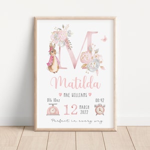 Personalised Girls Floral Flopsy Bunny Initial Birth Print - Nursery Print - Name Print - Girls Bedroom - New Baby Gift - Baby Girl Gift