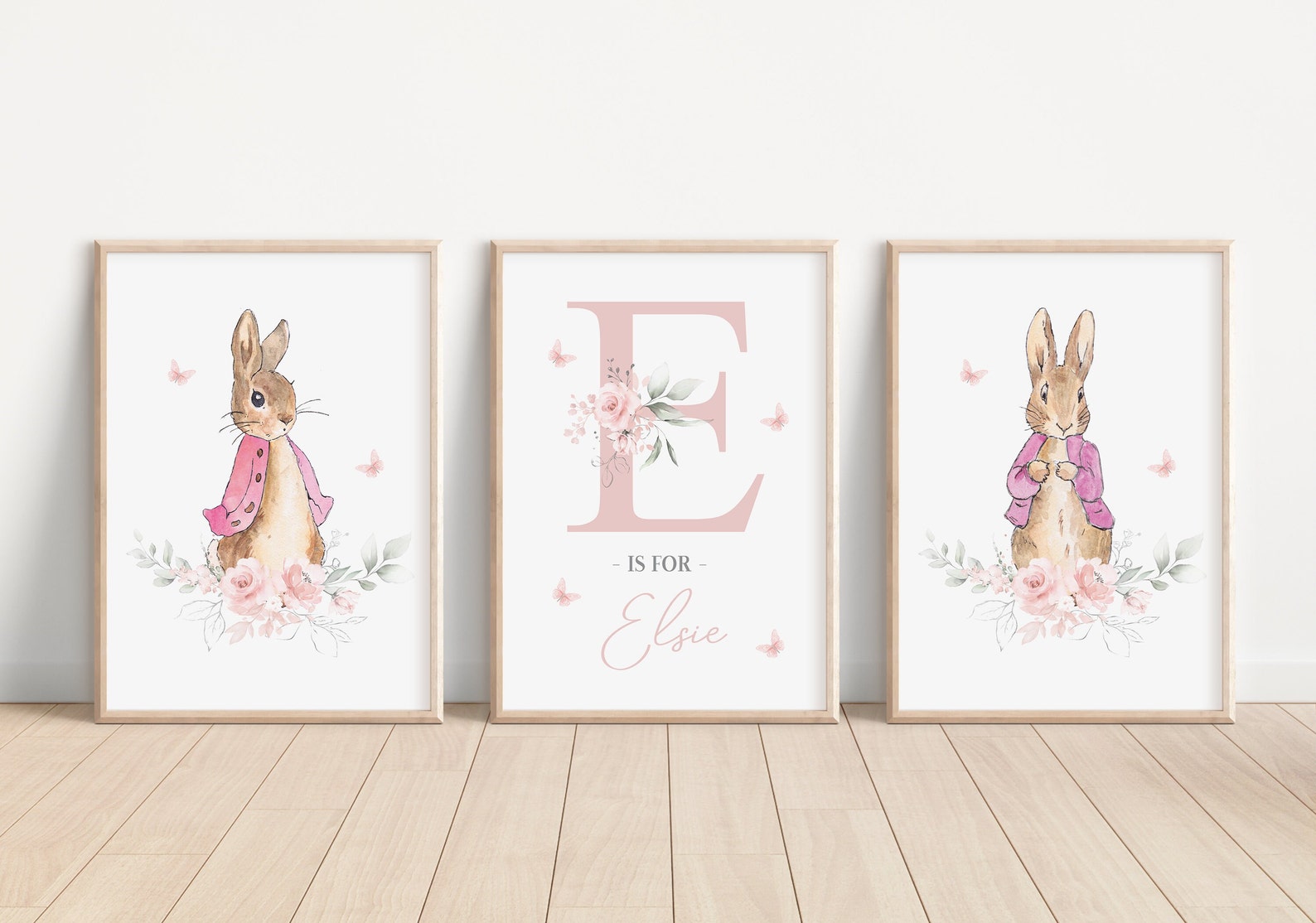 Set of 3 Personalised Pink Floral Flopsy Bunny Rabbit Nursery Prints ...